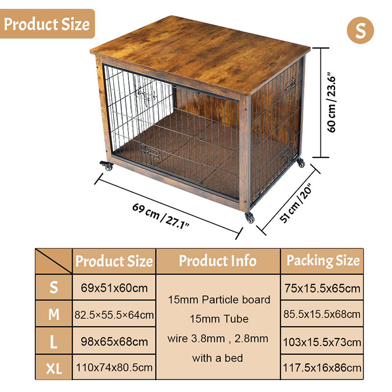 Jaula de perros estilo muebles de madera interior con cojín y ruedas Jaula de perros estilo muebles de madera interior con cojín y ruedas