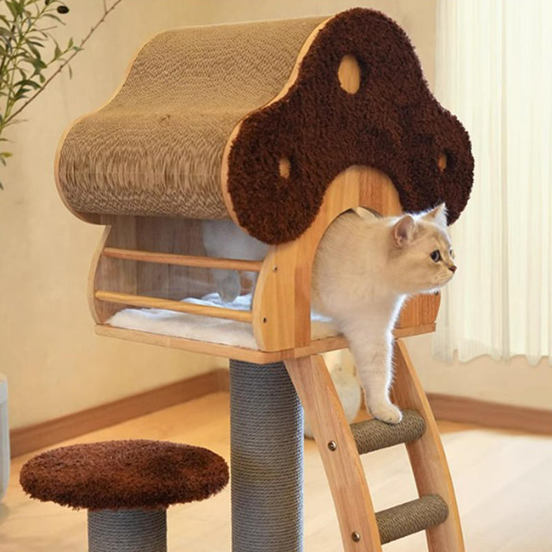 Torre de condominio de forma de hongo marco de trepadora de madera árbol de gato sólido con escalera Torre de condominio de forma de hongo marco de trepadora de madera árbol de gato sólido con escalera
