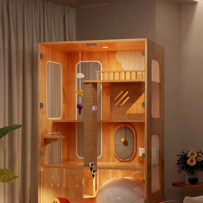 Panorámico de villa interior Caza de madera maciza Cabina de la casa del gato Panorámico de villa interior Caza de madera maciza Cabina de la casa del gato